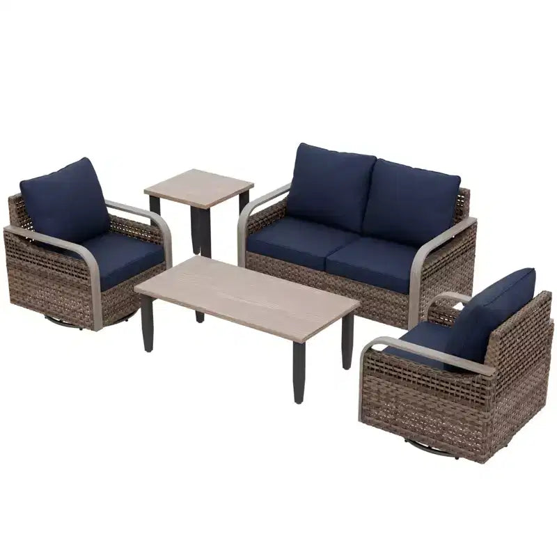 EAGLE PEAK Ensemble de conversation d'extérieur en osier pour patio, 2 fauteuils pivotants à bascule, canapé 2 places, table basse et table d'appoint, 5 pièces