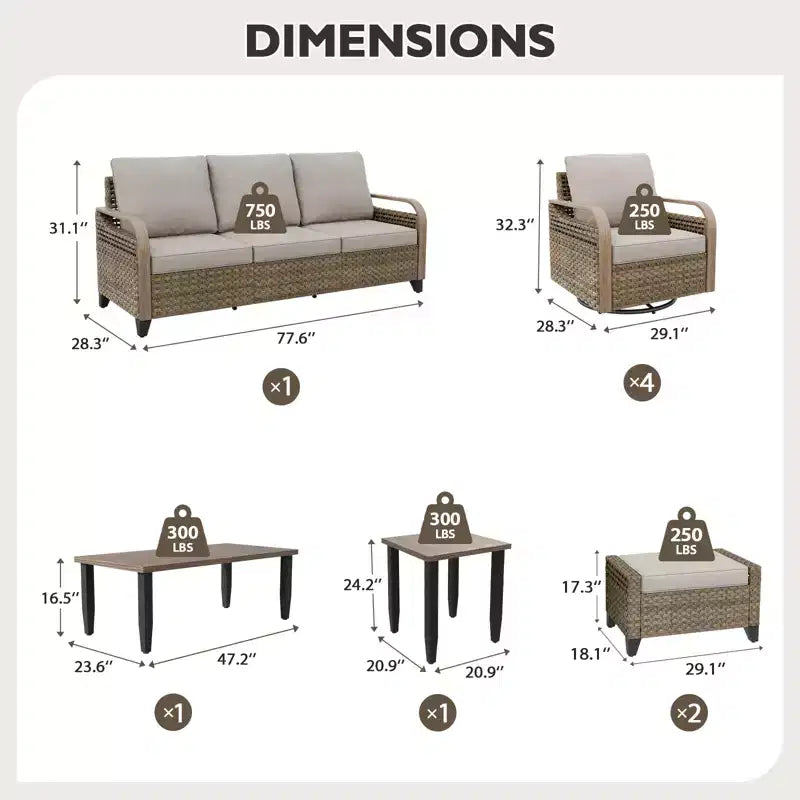 EAGLE PEAK Salon de conversation d'extérieur en osier, 4 fauteuils pivotants, causeuse 3 places, 2 poufs, table, 9 pièces