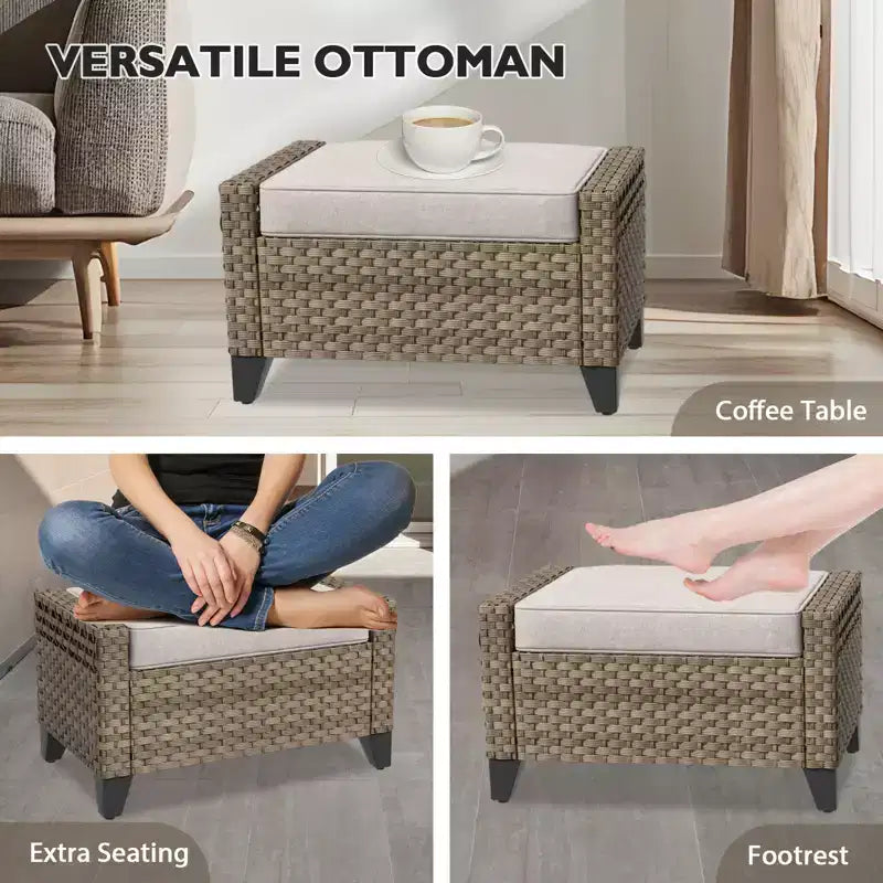 EAGLE PEAK Salon de conversation d'extérieur en osier, 4 fauteuils pivotants, causeuse 3 places, 2 poufs, table, 9 pièces