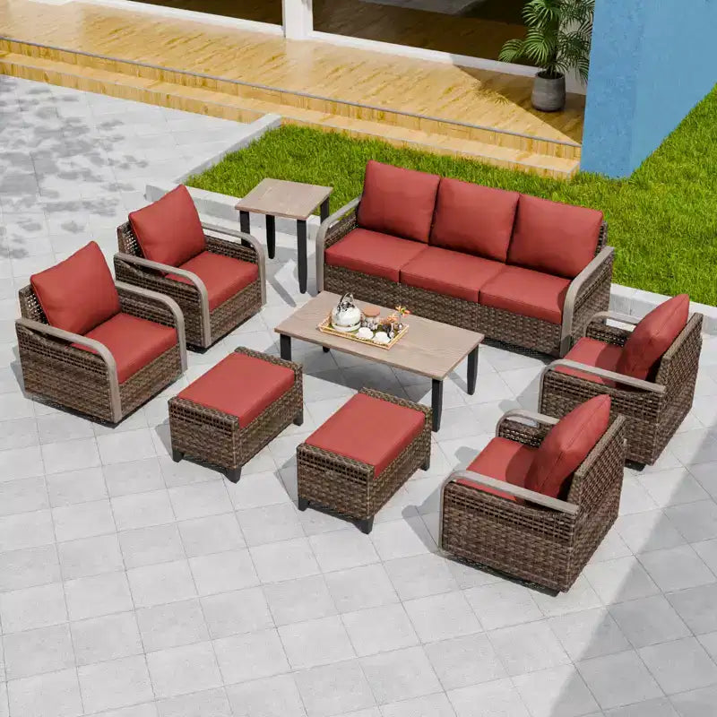 EAGLE PEAK Salon de conversation d'extérieur en osier, 4 fauteuils pivotants, causeuse 3 places, 2 poufs, table, 9 pièces