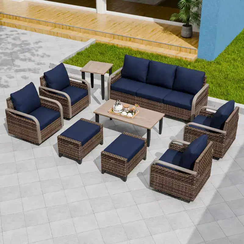 EAGLE PEAK Salon de conversation d'extérieur en osier, 4 fauteuils pivotants, causeuse 3 places, 2 poufs, table, 9 pièces