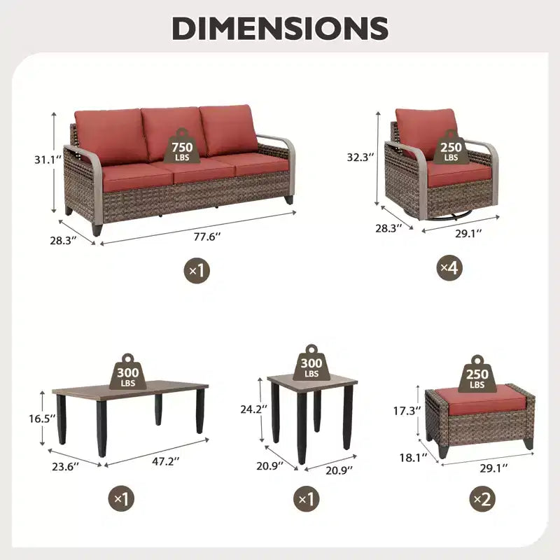 EAGLE PEAK Salon de conversation d'extérieur en osier, 4 fauteuils pivotants, causeuse 3 places, 2 poufs, table, 9 pièces
