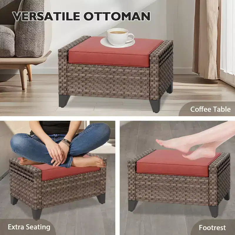 EAGLE PEAK Salon de conversation d'extérieur en osier, 4 fauteuils pivotants, causeuse 3 places, 2 poufs, table, 9 pièces