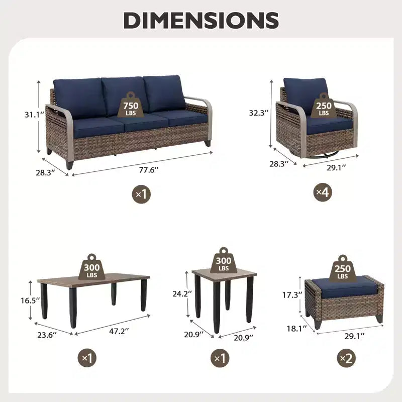 EAGLE PEAK Salon de conversation d'extérieur en osier, 4 fauteuils pivotants, causeuse 3 places, 2 poufs, table, 9 pièces