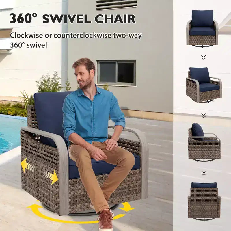 EAGLE PEAK Salon de conversation d'extérieur en osier, 4 fauteuils pivotants, causeuse 3 places, 2 poufs, table, 9 pièces