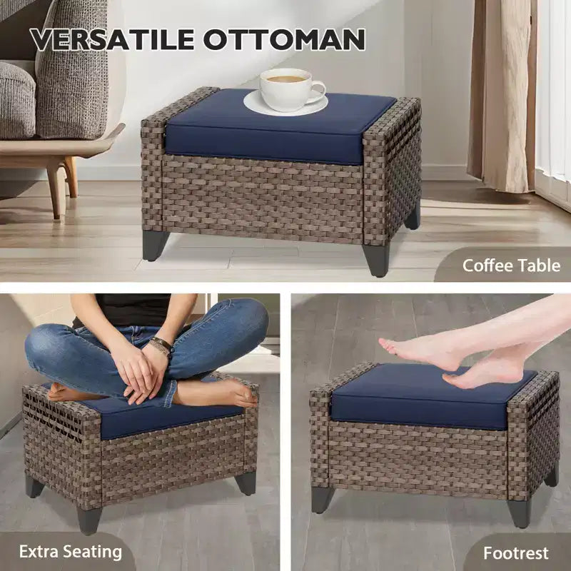 EAGLE PEAK Salon de conversation d'extérieur en osier, 4 fauteuils pivotants, causeuse 3 places, 2 poufs, table, 9 pièces