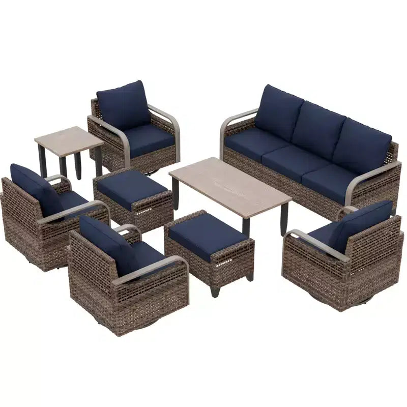 EAGLE PEAK Salon de conversation d'extérieur en osier, 4 fauteuils pivotants, causeuse 3 places, 2 poufs, table, 9 pièces