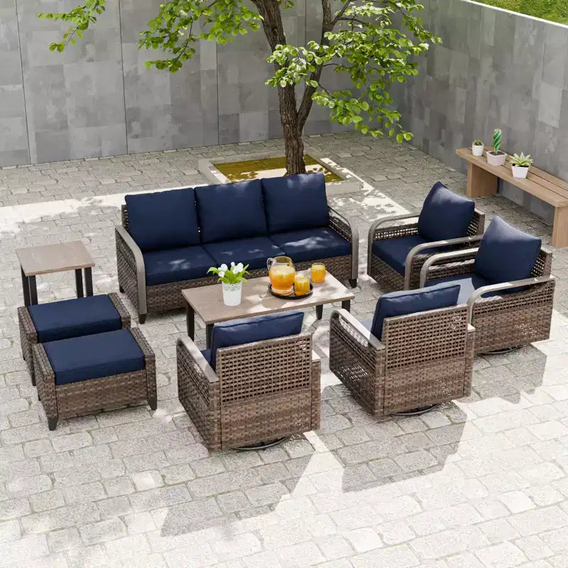 EAGLE PEAK Salon de conversation d'extérieur en osier, 4 fauteuils pivotants, causeuse 3 places, 2 poufs, table, 9 pièces