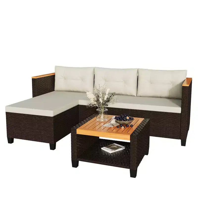 Ensemble de meubles de patio Heynemo 4 places, sectionnel extérieur en rotin PE tout temps avec table de rangement, canapé d'extérieur en forme de L avec coussins