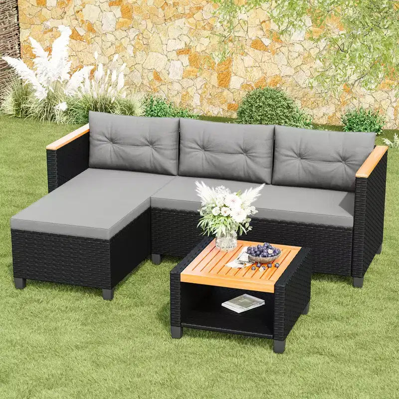 Ensemble de meubles de patio Heynemo 4 places, sectionnel extérieur en rotin PE tout temps avec table de rangement, canapé d'extérieur en forme de L avec coussins