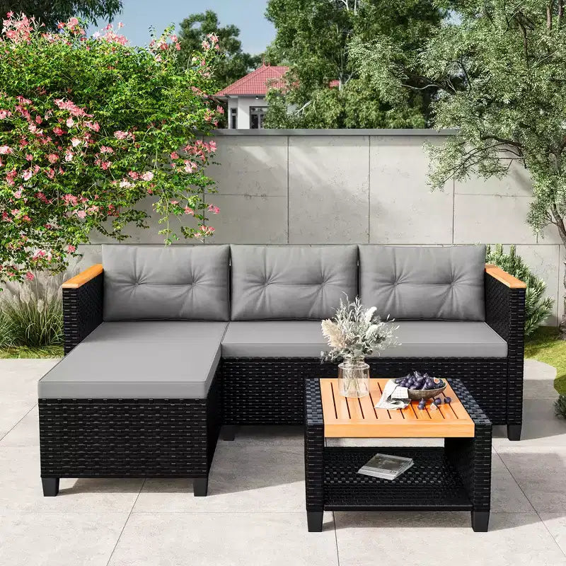 Ensemble de meubles de patio Heynemo 4 places, sectionnel extérieur en rotin PE tout temps avec table de rangement, canapé d'extérieur en forme de L avec coussins