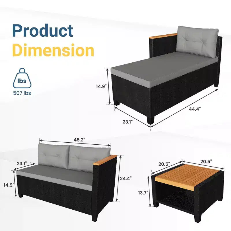 Ensemble de meubles de patio Heynemo 4 places, sectionnel extérieur en rotin PE tout temps avec table de rangement, canapé d'extérieur en forme de L avec coussins