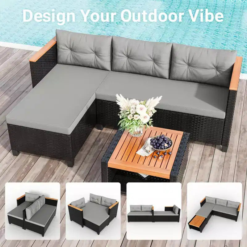 Ensemble de meubles de patio Heynemo 4 places, sectionnel extérieur en rotin PE tout temps avec table de rangement, canapé d'extérieur en forme de L avec coussins