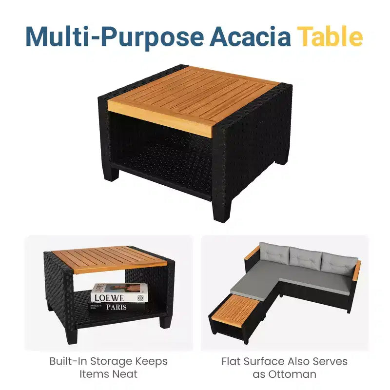 Ensemble de meubles de patio Heynemo 4 places, sectionnel extérieur en rotin PE tout temps avec table de rangement, canapé d'extérieur en forme de L avec coussins
