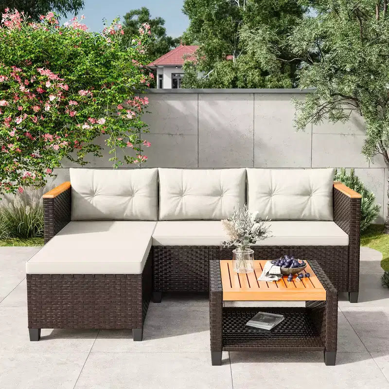Ensemble de meubles de patio Heynemo 4 places, sectionnel extérieur en rotin PE tout temps avec table de rangement, canapé d'extérieur en forme de L avec coussins