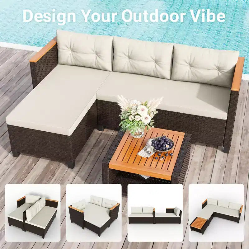 Ensemble de meubles de patio Heynemo 4 places, sectionnel extérieur en rotin PE tout temps avec table de rangement, canapé d'extérieur en forme de L avec coussins