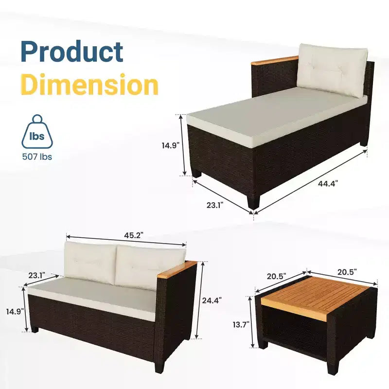 Ensemble de meubles de patio Heynemo 4 places, sectionnel extérieur en rotin PE tout temps avec table de rangement, canapé d'extérieur en forme de L avec coussins