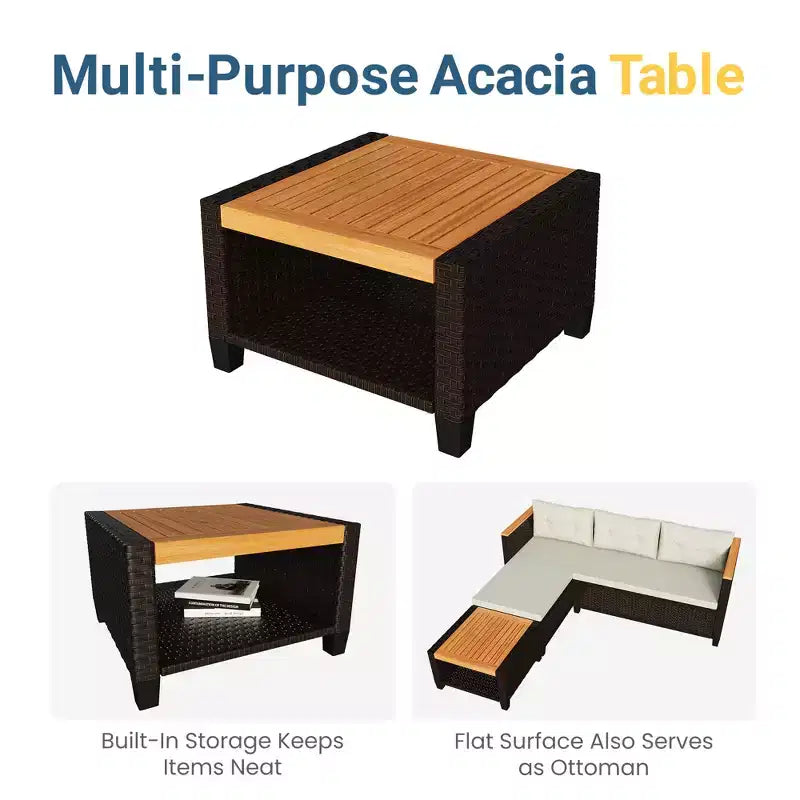 Ensemble de meubles de patio Heynemo 4 places, sectionnel extérieur en rotin PE tout temps avec table de rangement, canapé d'extérieur en forme de L avec coussins