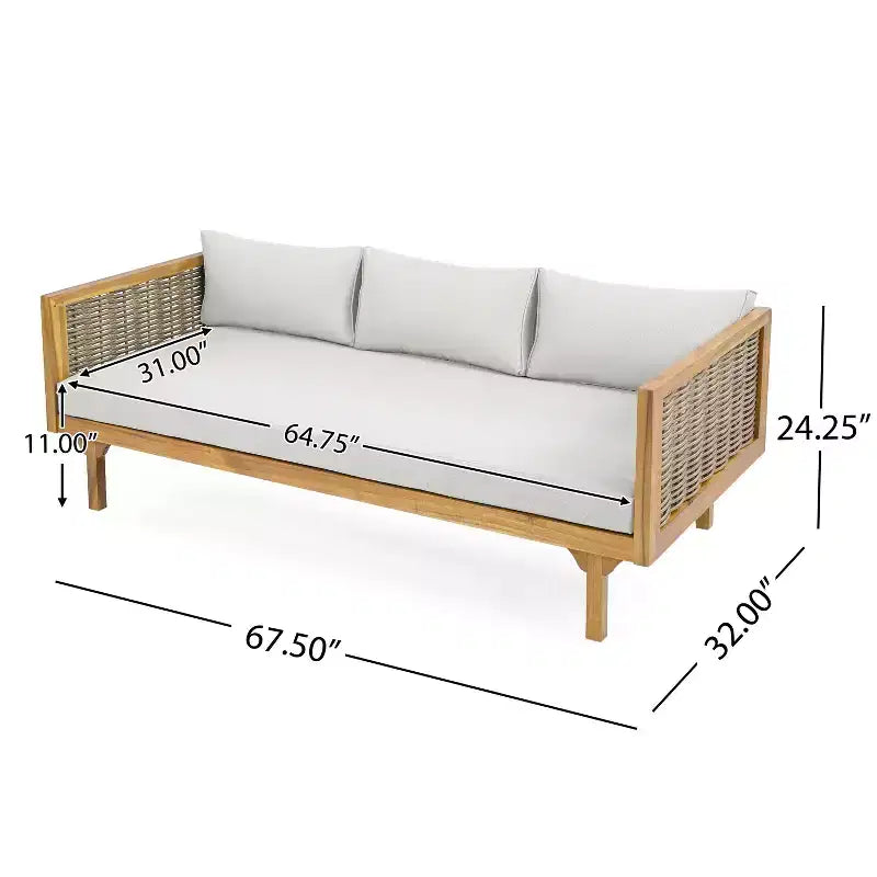 Ensembles de meubles de patio 2 pièces avec canapé-lit en rotin gris 3 places de 171,45 cm de long et table ronde en bois d'acacia de 80 cm.