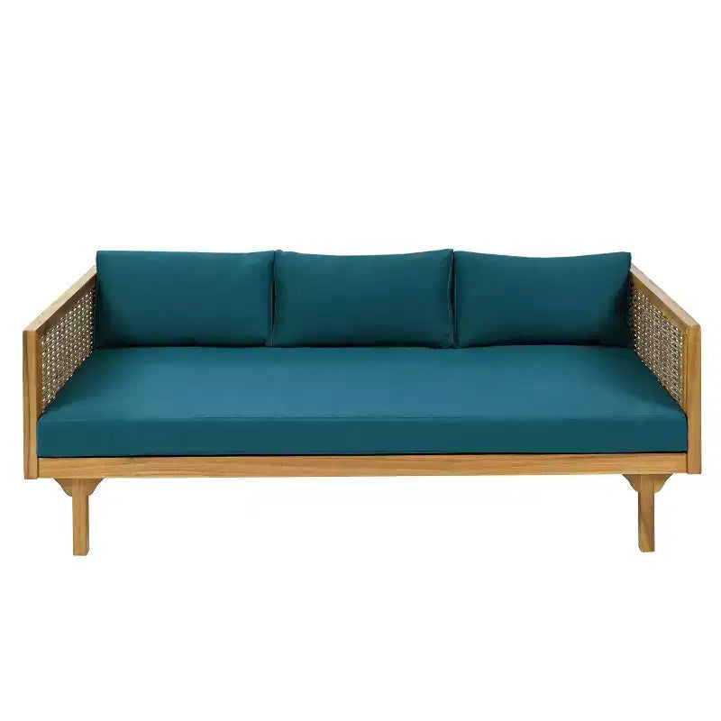 Ensembles de meubles de patio 2 pièces avec canapé-lit en rotin gris 3 places de 171,45 cm de long et table ronde en bois d'acacia de 80 cm.