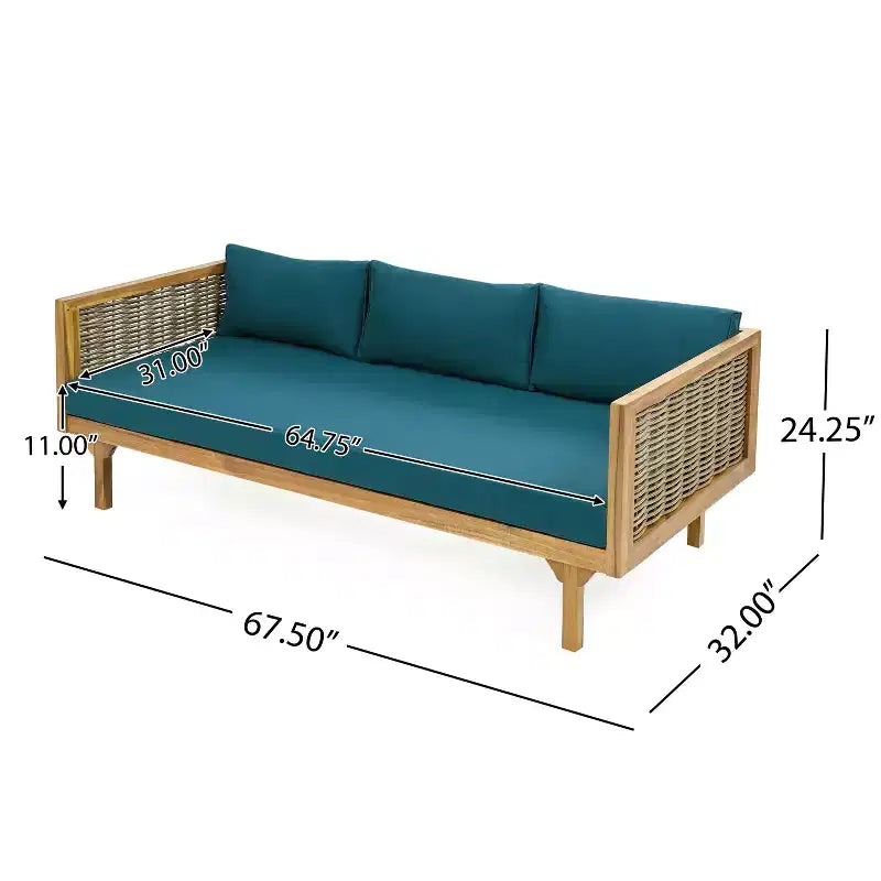 Ensembles de meubles de patio 2 pièces avec canapé-lit en rotin gris 3 places de 171,45 cm de long et table ronde en bois d'acacia de 80 cm.