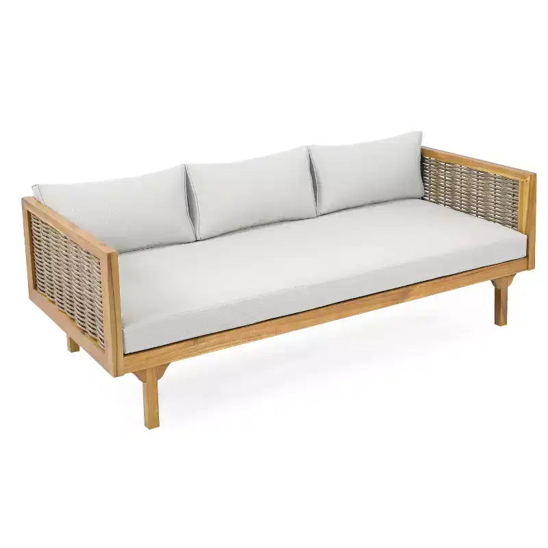 Ensembles de meubles de patio 2 pièces avec canapé-lit en rotin gris 3 places de 171,45 cm de long et table ronde en bois d'acacia de 80 cm.