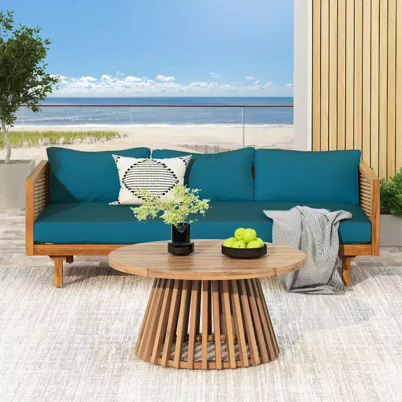 Ensembles de meubles de patio 2 pièces avec canapé-lit en rotin gris 3 places de 171,45 cm de long et table ronde en bois d'acacia de 80 cm.