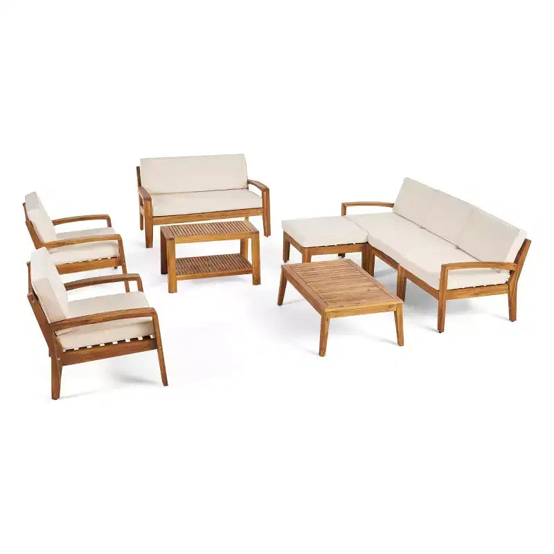 GDFStudio Parma Ensemble de conversation de canapé d'angle 7 places d'extérieur en bois d'acacia avec pouf