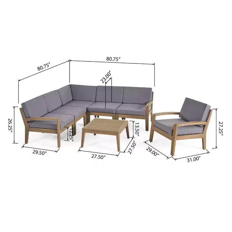 Ensemble de canapé d'angle 6 places et fauteuil club d'extérieur en bois d'acacia GDFStudio Parma avec coussins