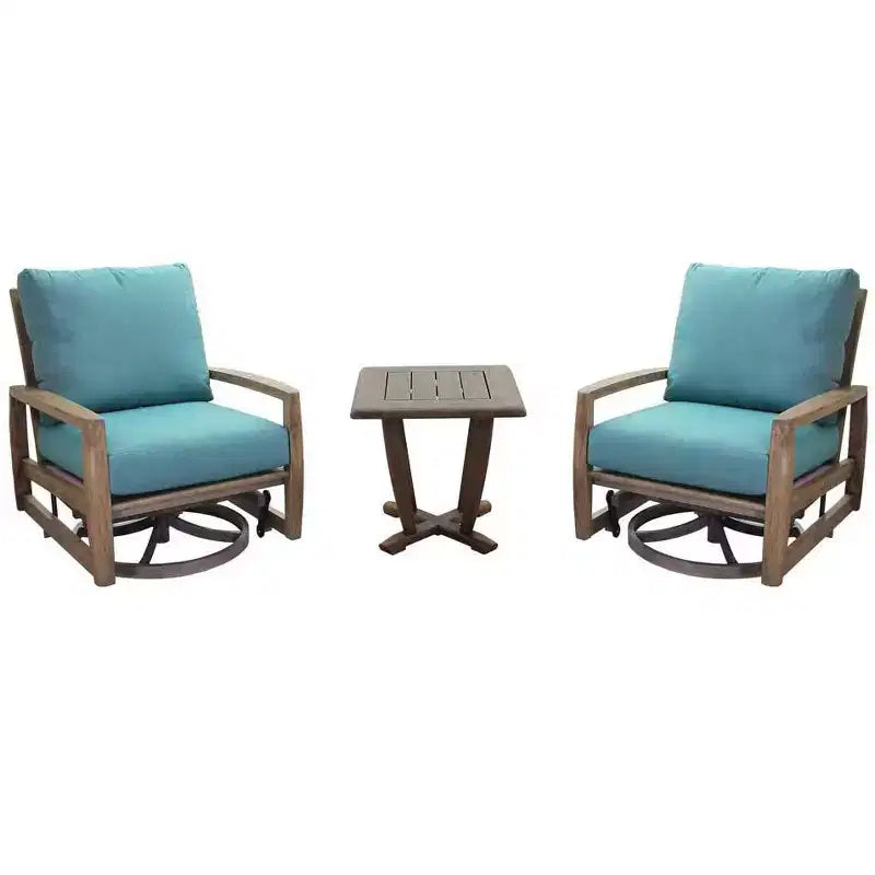 Courtyard Casual Avalon FSC Teak 3 pc Motion Seating Set Includes: Two Swivel Gliders and One Square End Table