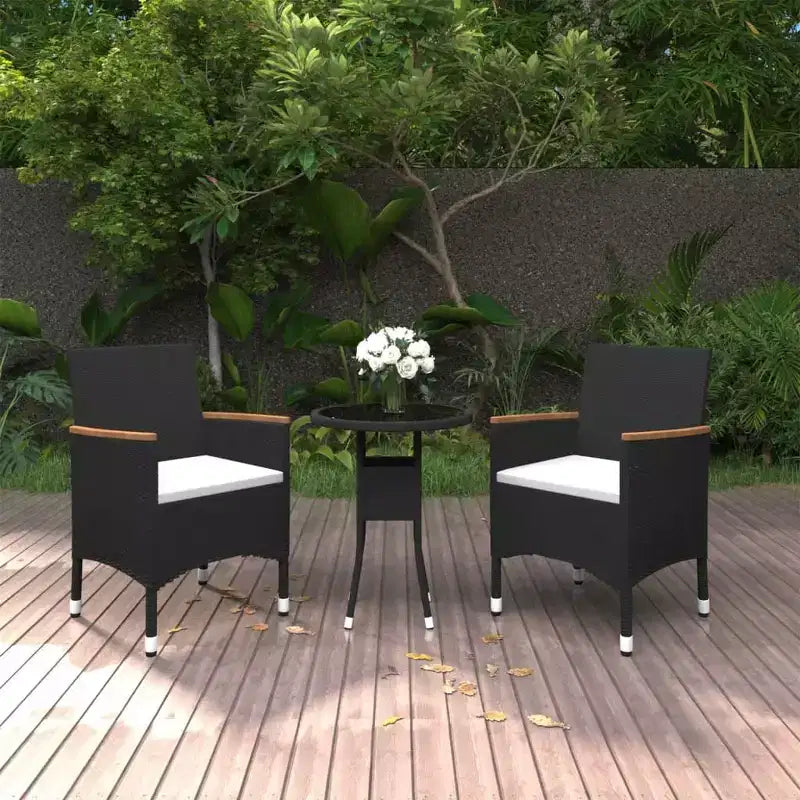 vidaXL Ensemble de salle à manger d'extérieur 3 pièces - Résine tressée - Noir - Table et 2 chaises de jardin avec coussins, plateau de table en verre trempé