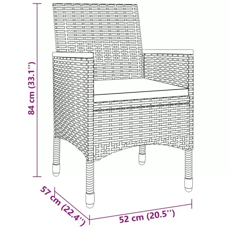 vidaXL Ensemble de salle à manger d'extérieur 3 pièces - Résine tressée - Noir - Table et 2 chaises de jardin avec coussins, plateau de table en verre trempé