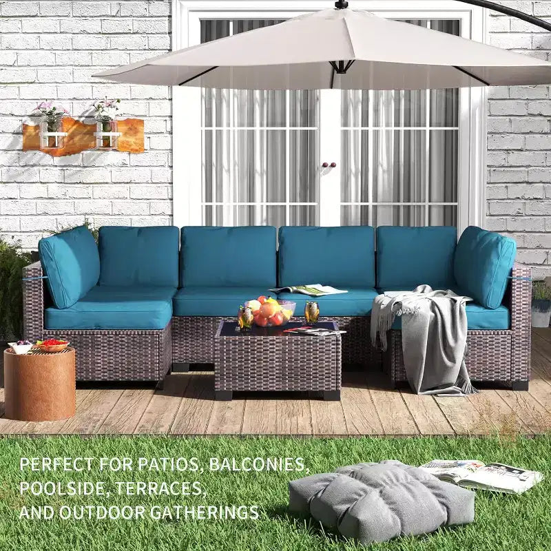 Ensemble de patio 7 pièces avec table à manger, canapé sectionnel modulaire, osier tout temps