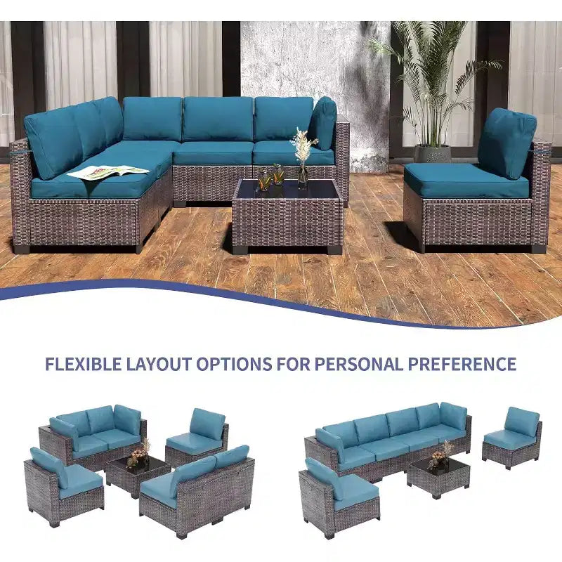 Ensemble de patio 7 pièces avec table à manger, canapé sectionnel modulaire, osier tout temps