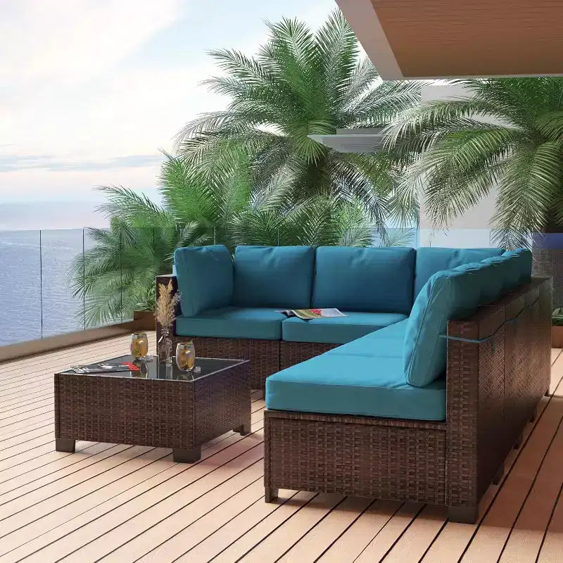 Ensemble de patio 7 pièces avec table à manger, canapé sectionnel modulaire, osier tout temps