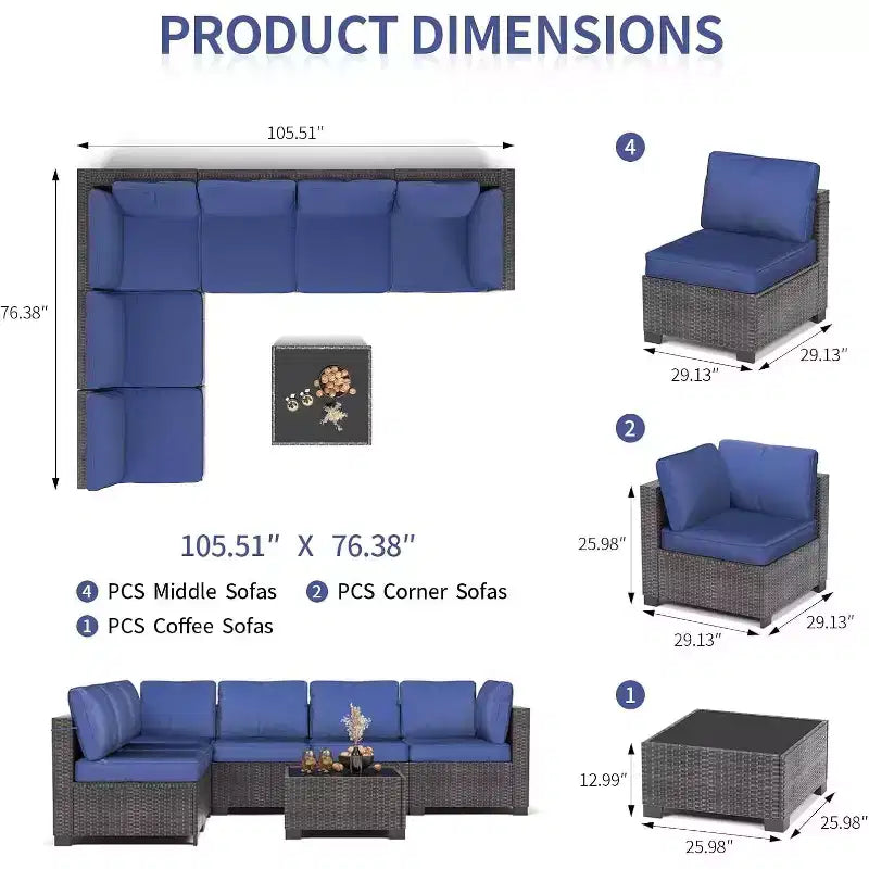 Ensemble de patio 7 pièces avec table à manger, canapé sectionnel modulaire, osier tout temps
