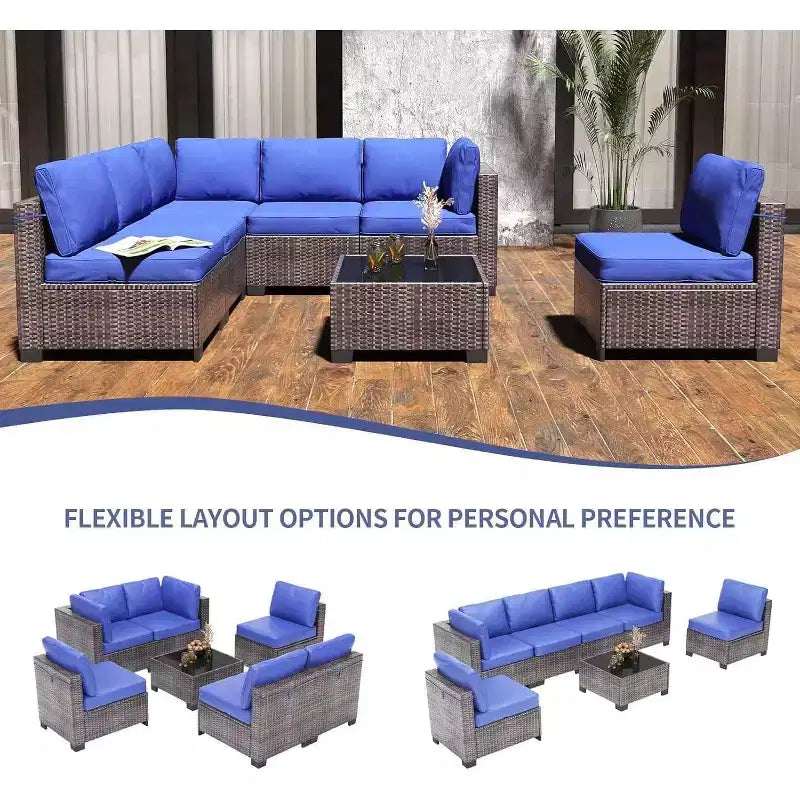 Ensemble de patio 7 pièces avec table à manger, canapé sectionnel modulaire, osier tout temps