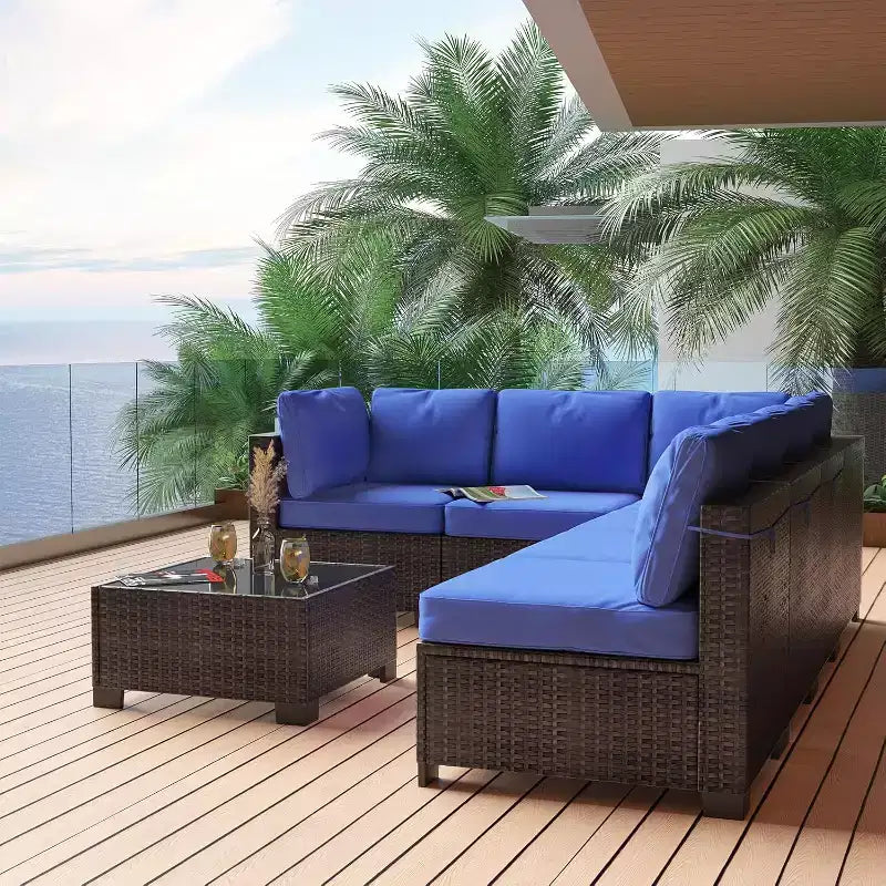 Ensemble de patio 7 pièces avec table à manger, canapé sectionnel modulaire, osier tout temps