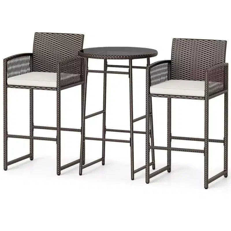 Costway Ensemble de Bar de Jardin 3 Pièces en Rotin avec 2 Coussins de Siège et Plateau en Verre pour Cour Arrière