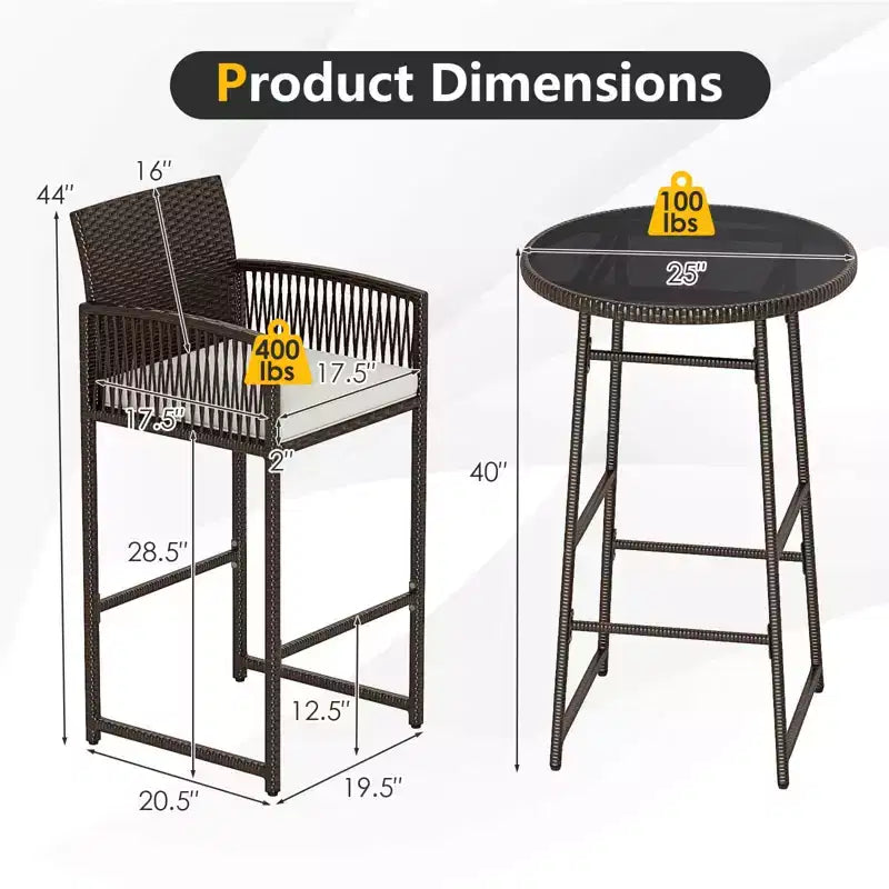 Costway Ensemble de Bar de Jardin 3 Pièces en Rotin avec 2 Coussins de Siège et Plateau en Verre pour Cour Arrière