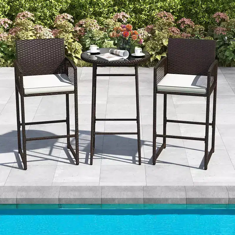 Costway Ensemble de Bar de Jardin 3 Pièces en Rotin avec 2 Coussins de Siège et Plateau en Verre pour Cour Arrière