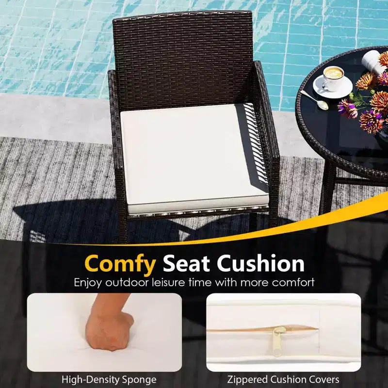Costway Ensemble de Bar de Jardin 3 Pièces en Rotin avec 2 Coussins de Siège et Plateau en Verre pour Cour Arrière