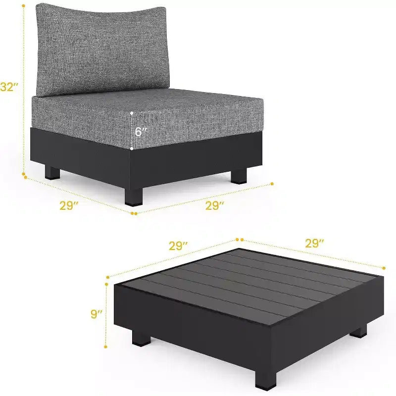 Heynemo Ensemble de mobilier de patio en aluminium 5 pièces, ensembles de conversation de canapé modulables d'extérieur avec table basse, ensemble de chaises modulaires sans accoudoir pour piscine, gris