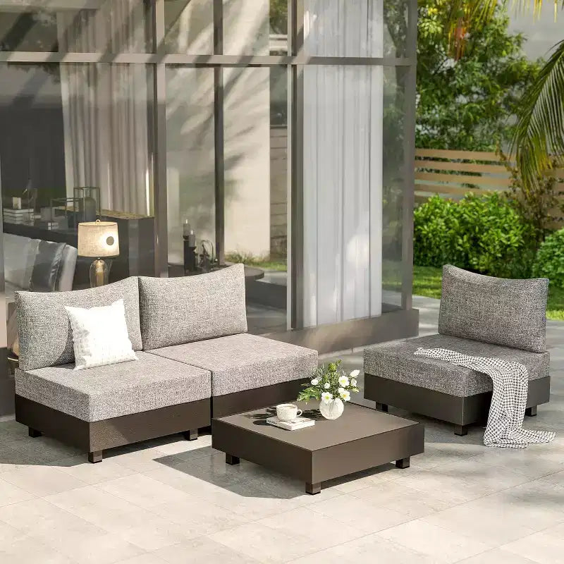 Heynemo Ensemble de mobilier de patio en aluminium 5 pièces, ensembles de conversation de canapé modulables d'extérieur avec table basse, ensemble de chaises modulaires sans accoudoir pour piscine, gris