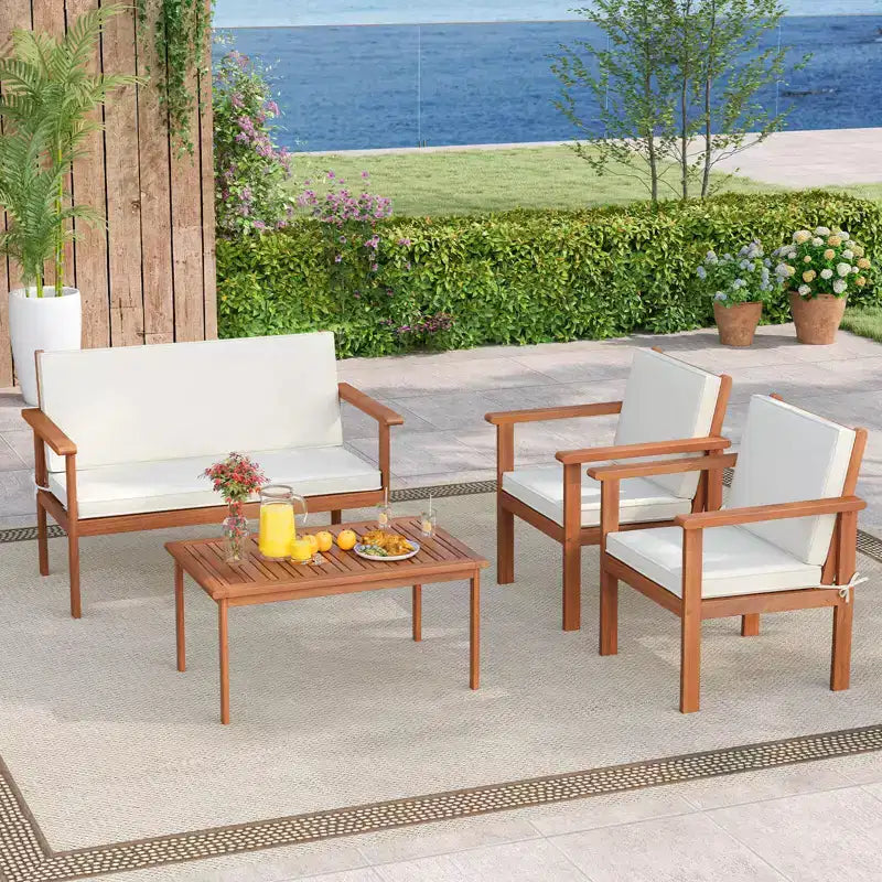 Ensemble de conversation Costway 4/8 pièces en bois d'acacia avec coussins d'assise et de dossier et fauteuils de canapé deux places