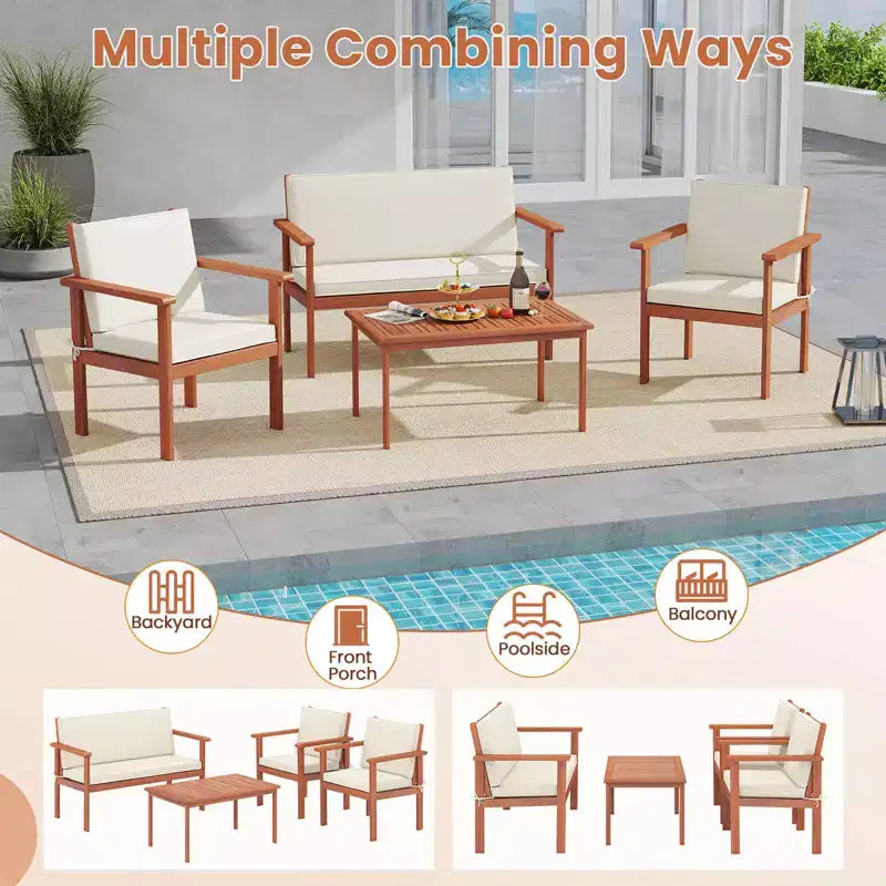 Ensemble de conversation Costway 4/8 pièces en bois d'acacia avec coussins d'assise et de dossier et fauteuils de canapé deux places