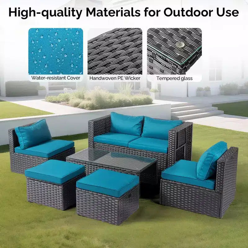 Ensemble de conversation Karl Home Patio 6 pièces en osier noir avec coussins vert malachite