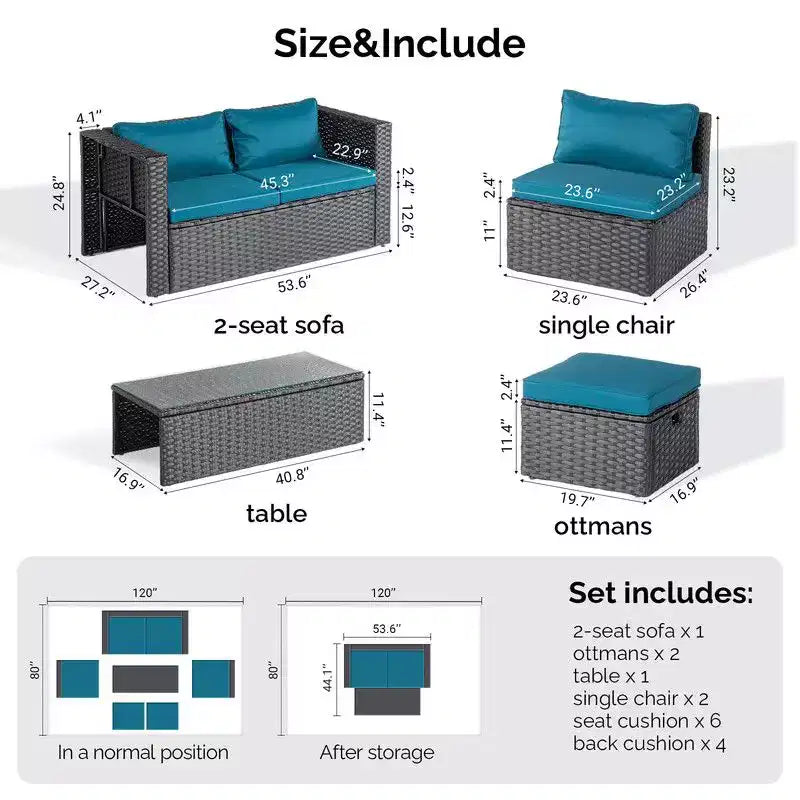 Ensemble de conversation Karl Home Patio 6 pièces en osier noir avec coussins vert malachite