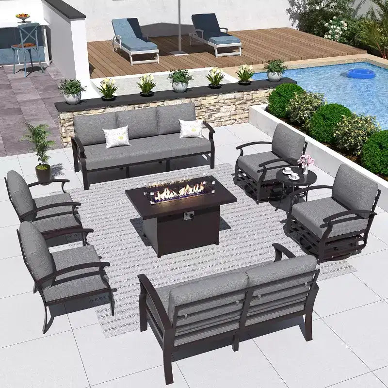 Ensemble de meubles de patio en aluminium ALAULM avec table de foyer au propane 10 places, meubles d'extérieur en métal, gris