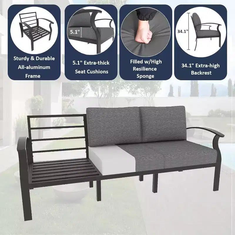 Ensemble de meubles de patio en aluminium ALAULM avec table de foyer au propane 10 places, meubles d'extérieur en métal, gris